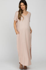 Light Taupe Side Slit Maternity Maxi Dress