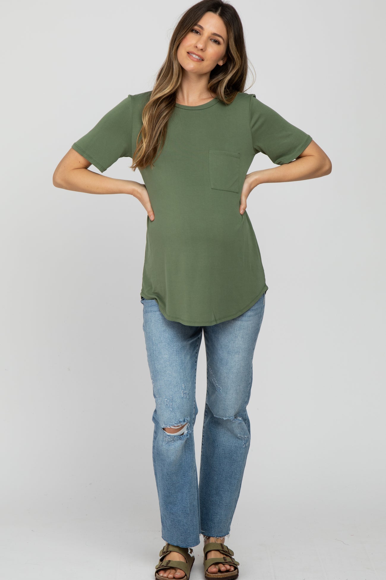Light Olive Crew Neck Front Pocket Short Sleeve Maternity Top– PinkBlush