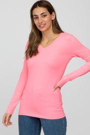 Neon Pink V-Neck Basic Long Sleeve Top