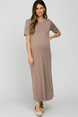 Taupe Short Sleeve Maternity Midi Dress