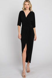Black Wrap Front Midi Dress