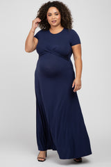 Navy Blue Twist Front Maternity Plus Maxi Dress