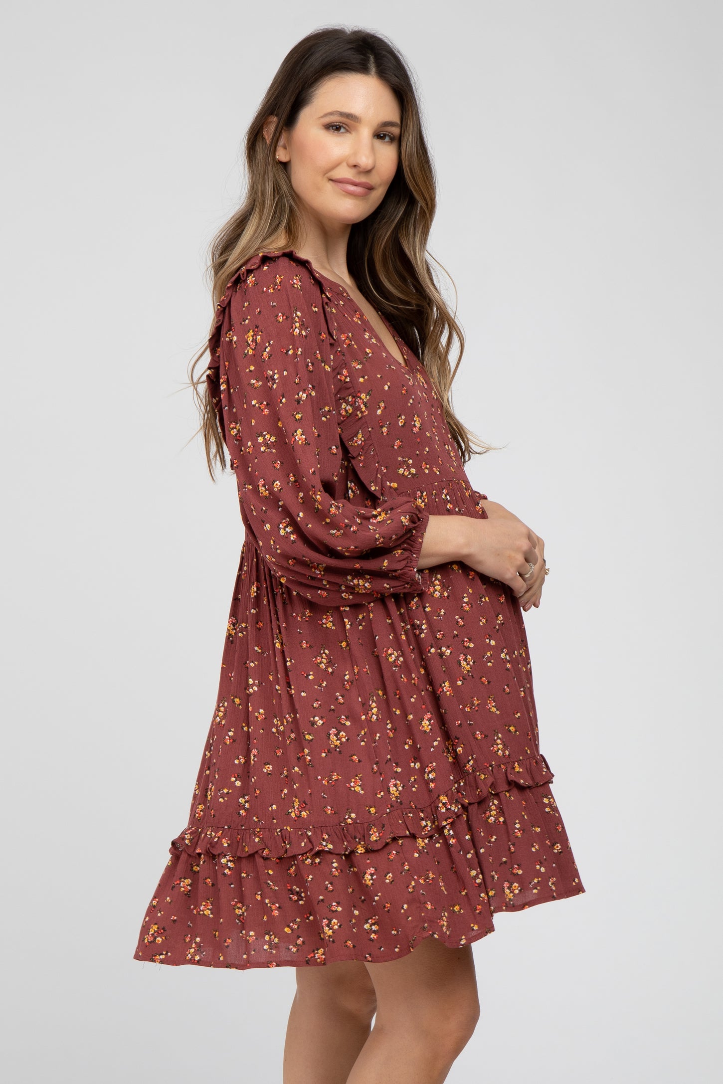 Burgundy Floral Ruffle Trim Maternity Dress– PinkBlush