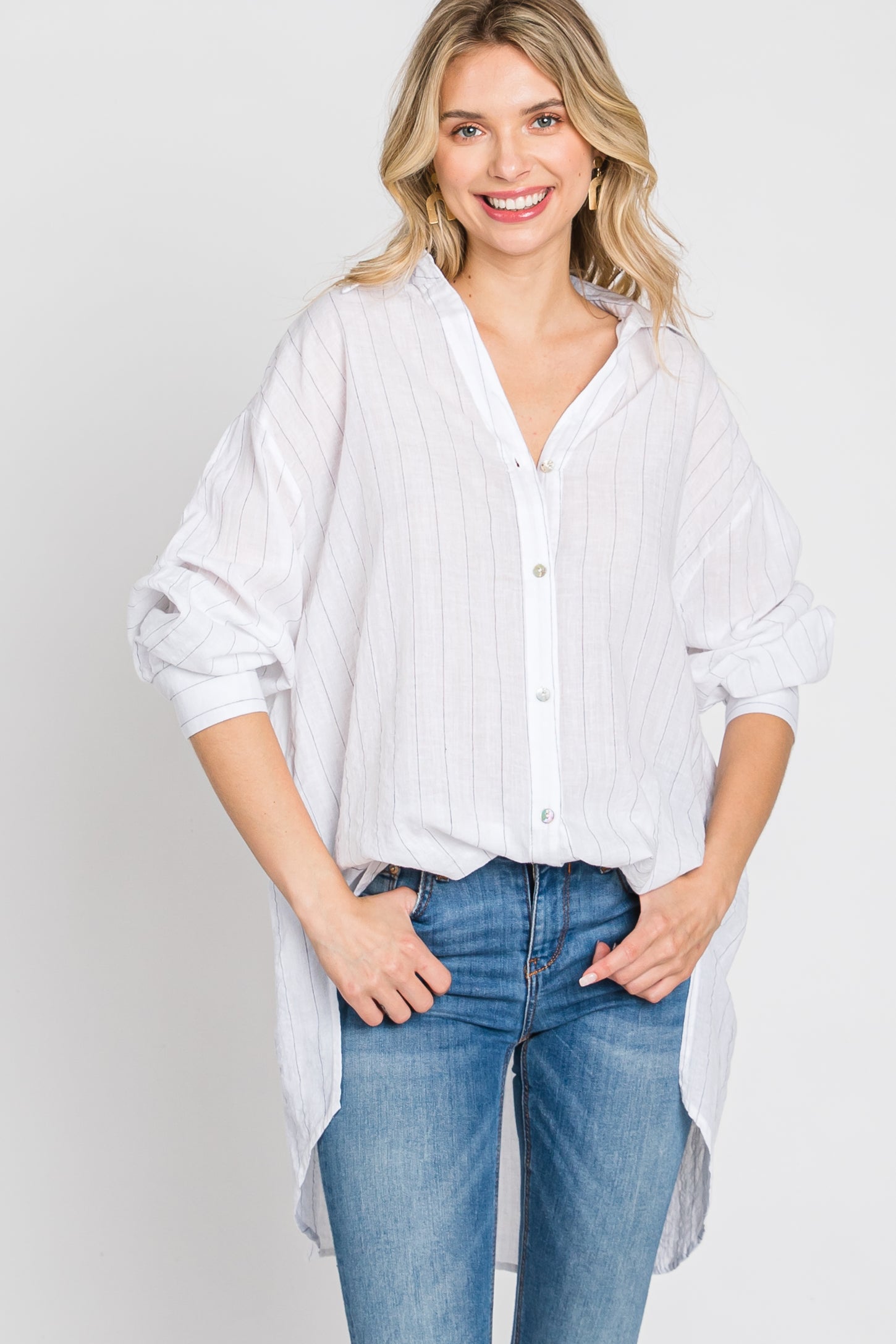 White Striped Button Up Top