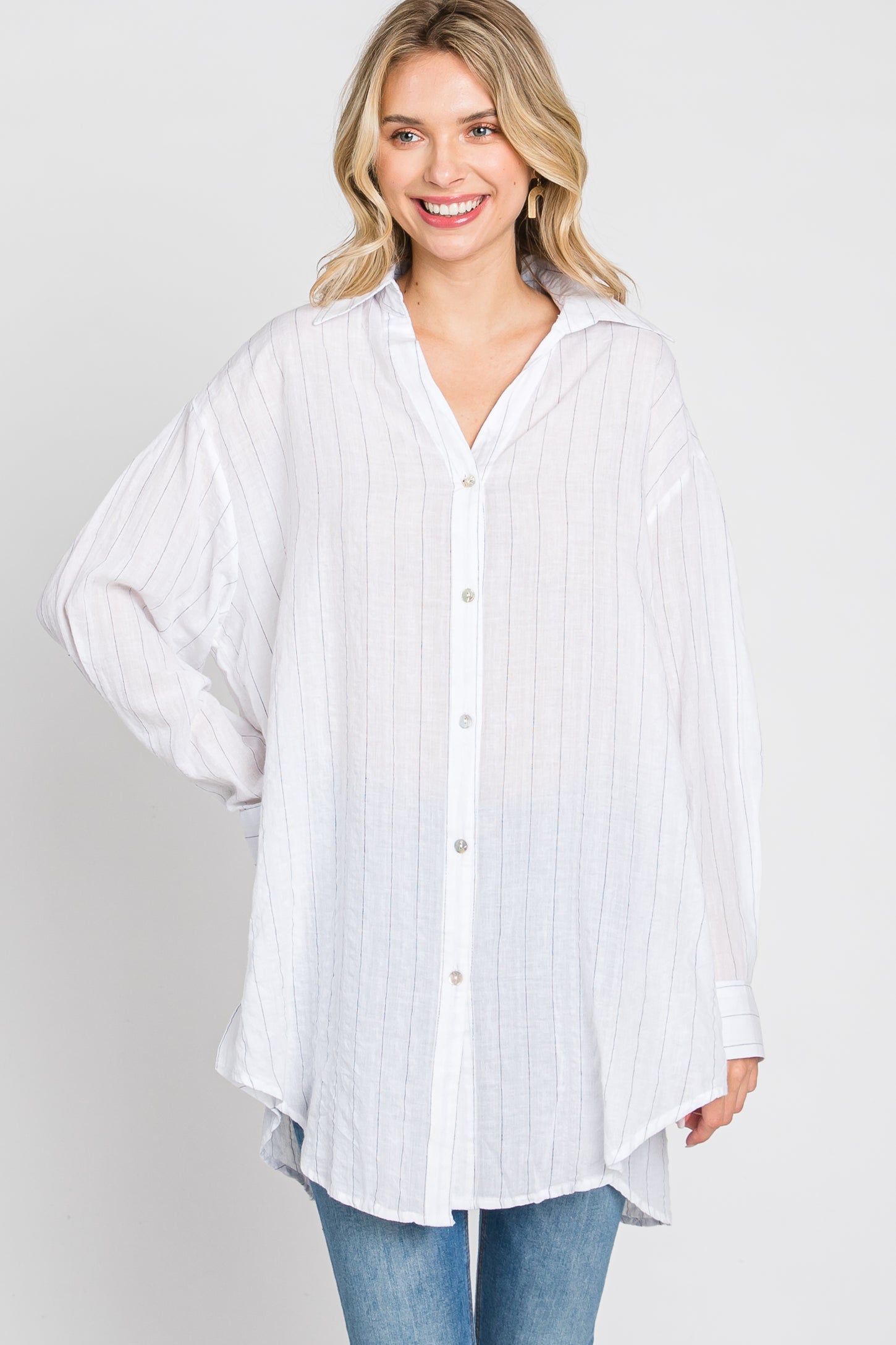 White Striped Button Up Top
