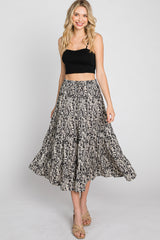 Black Leaf Print Tiered Midi Skirt