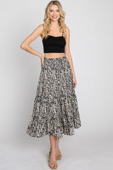 Black Leaf Print Tiered Midi Skirt