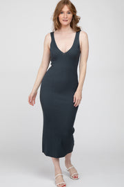Charcoal Ribbed Sleeveless Knit Midi Dress