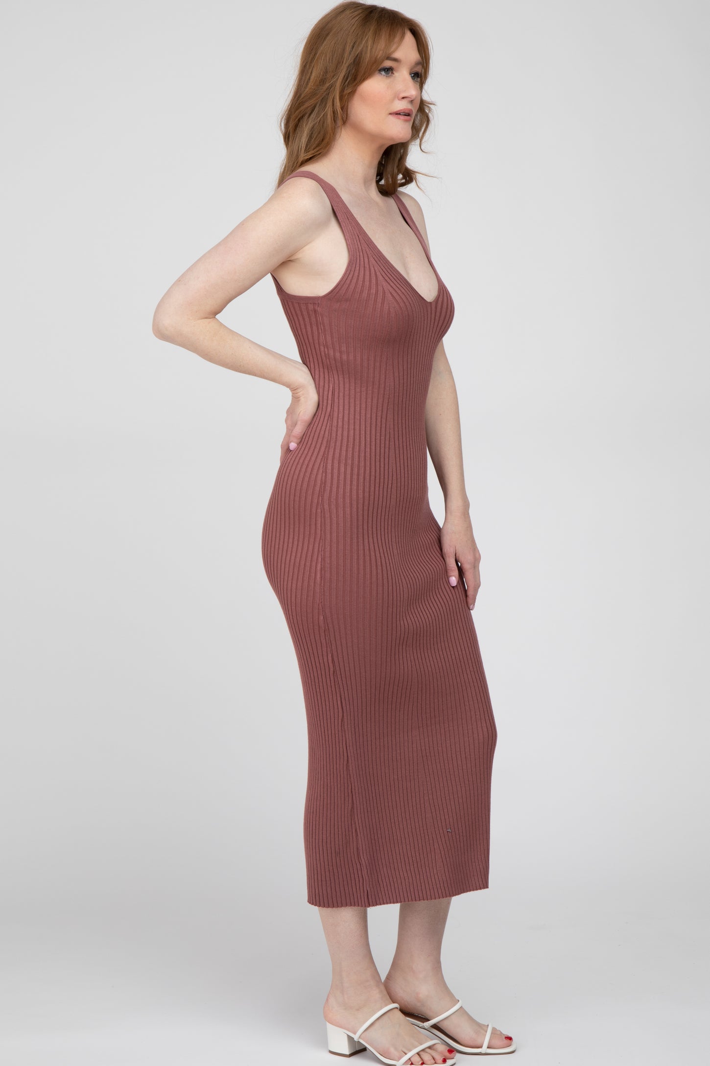 Mauve Ribbed Sleeveless Knit Midi Dress PinkBlush Mauve Ribbed Sleeveless Knit Midi Dress PinkBlush