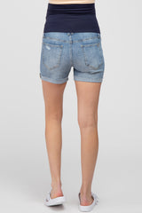 Blue Distressed Cuff Maternity Jean Shorts