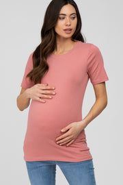 Pink Crew Neck Short Sleeve Maternity Top