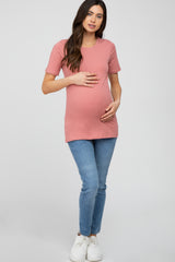 Pink Crew Neck Short Sleeve Maternity Top