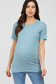 Blue Crew Neck Short Sleeve Maternity Top