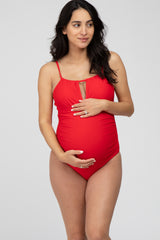 Red Back Tie Cutout One Piece Ruched Maternity Swimsuit