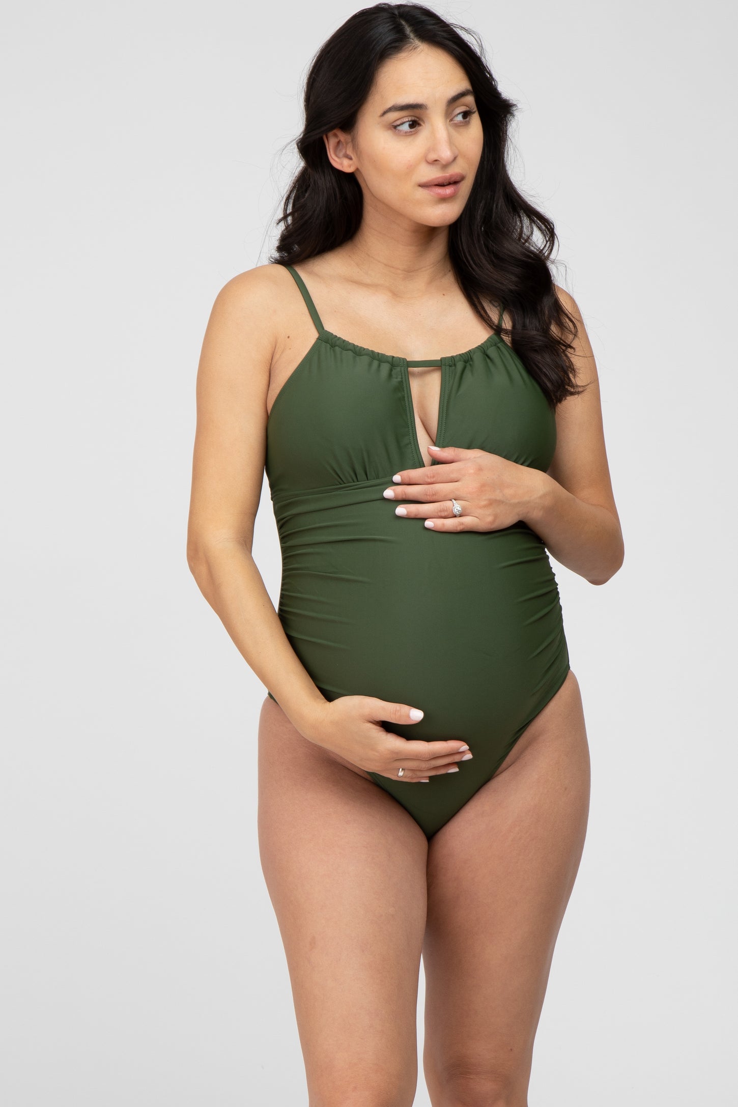 Olive Back Tie Cutout One Piece Ruched Maternity Swimsuit– PinkBlush