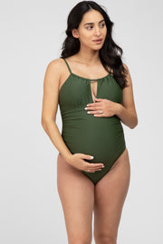 Olive Back Tie Cutout One Piece Ruched Maternity Swimsuit