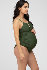 Olive Back Tie Cutout One Piece Ruched Maternity Swimsuit