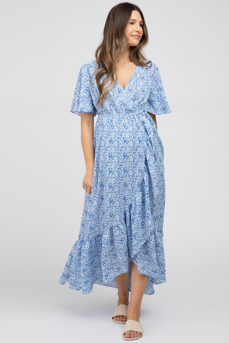 Light Blue Floral Wrap Maternity Midi Dress – PinkBlush