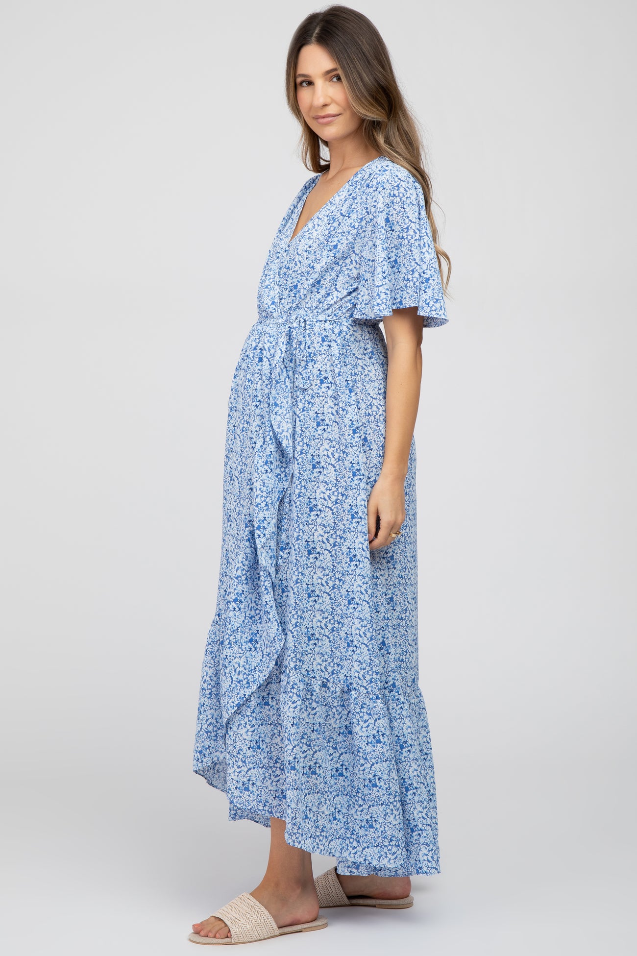 Light Blue Floral Wrap Maternity Midi Dress PinkBlush Light Blue Floral Wrap Maternity Midi Dress PinkBlush