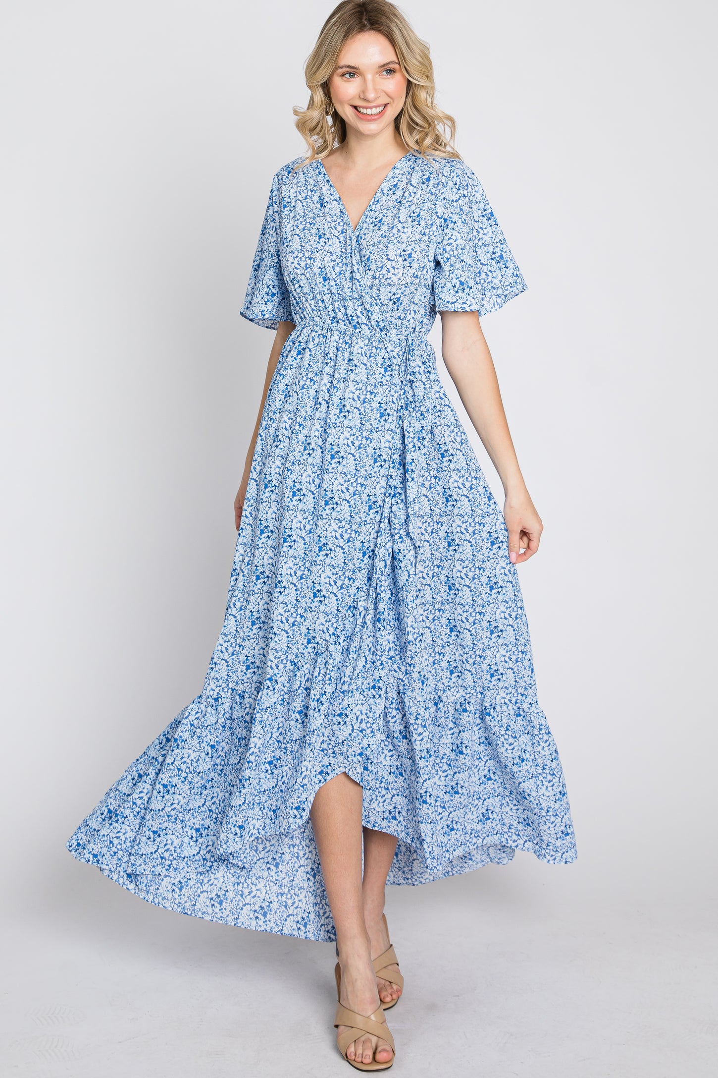 Light Blue Floral Wrap Maternity Midi Dress – PinkBlush