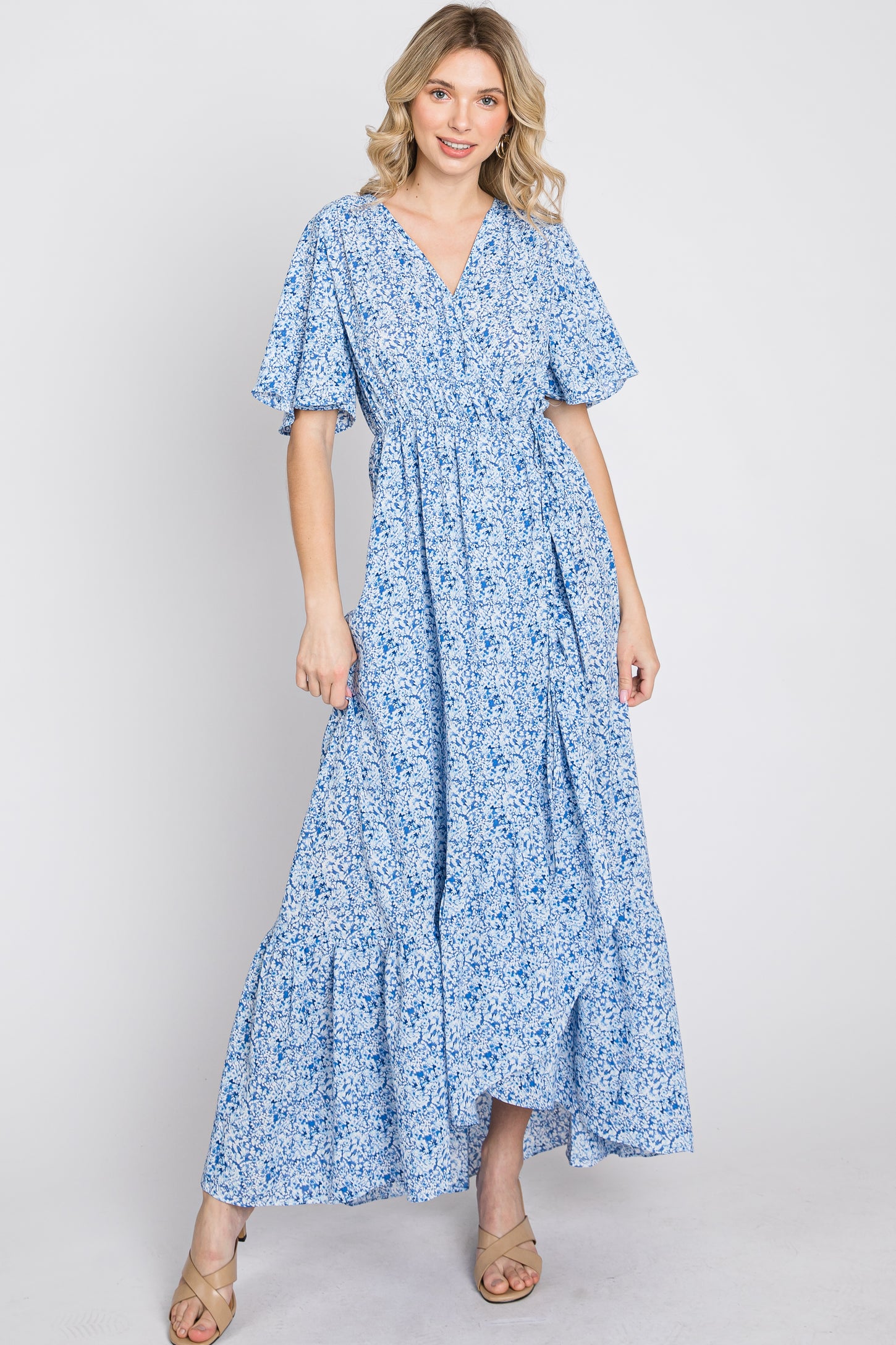 Light Blue Floral Wrap Midi Dress