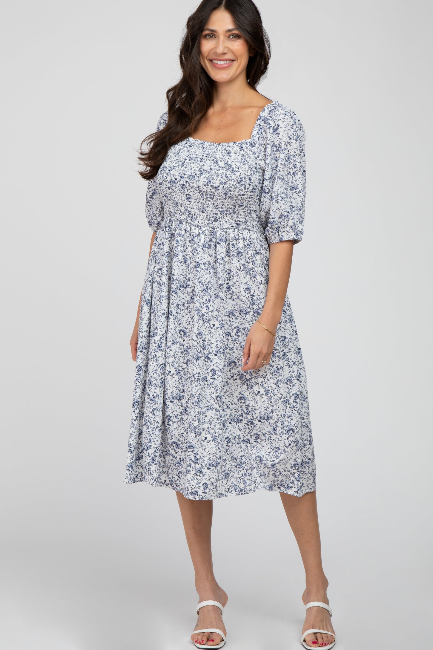 Blue Floral Smocked Maternity Midi Dress– PinkBlush