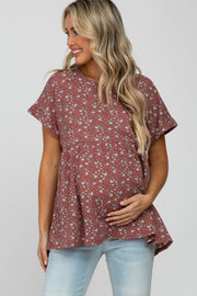 Rust Floral Waffle Knit Maternity Babydoll Top