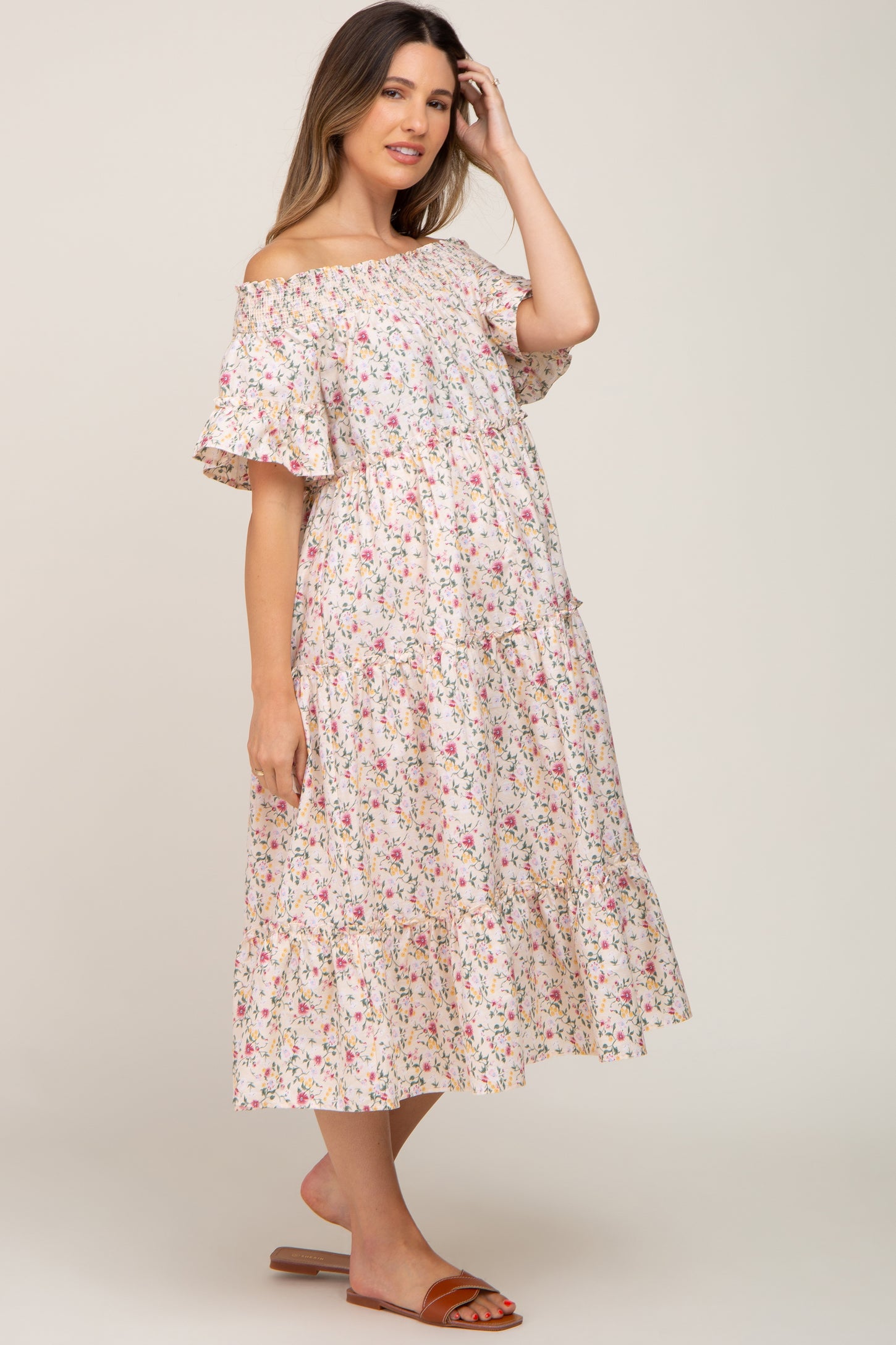 Cream Floral Off Shoulder Tiered Maternity Midi Dress