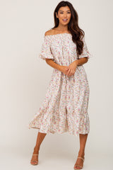 Cream Floral Off Shoulder Tiered Maternity Midi Dress