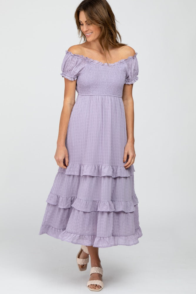 purple ruffle midi dress Lavender Smocked Ruffle Midi Dress Medium