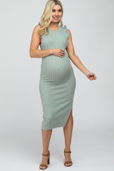Mint Green Ribbed Flutter Accent Maternity Midi Dress