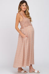 Taupe Floral Smocked Sleeveless Maternity Maxi Dress