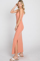 Peach Ribbed Side Slit Maxi Dress