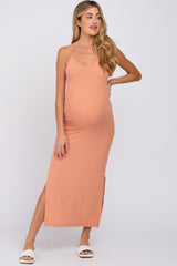 Peach Ribbed Side Slit Maternity Maxi Dress
