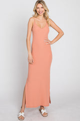 Peach Ribbed Side Slit Maxi Dress