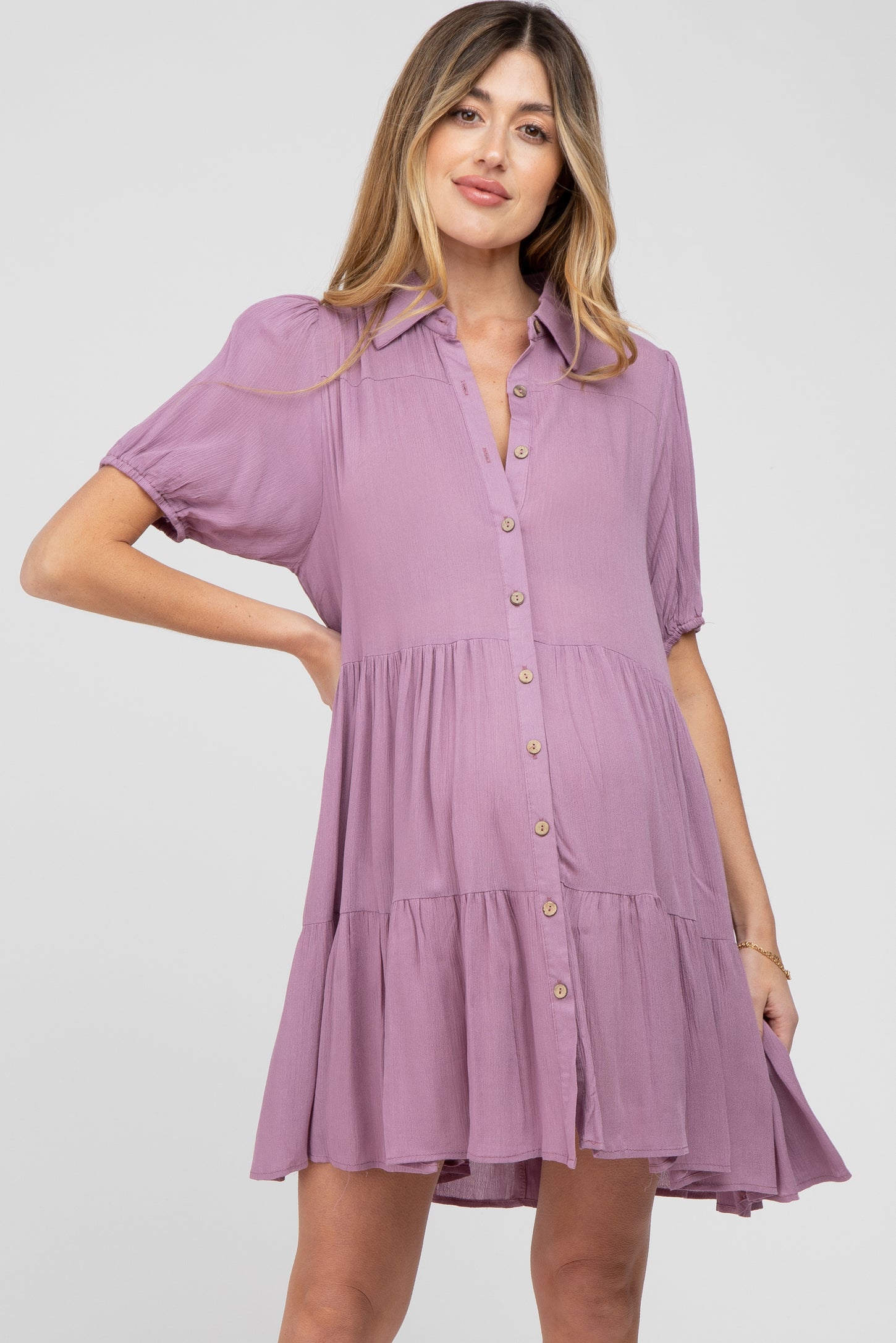 Mauve Floral Button Up Collared Tiered Maternity Dress– PinkBlush