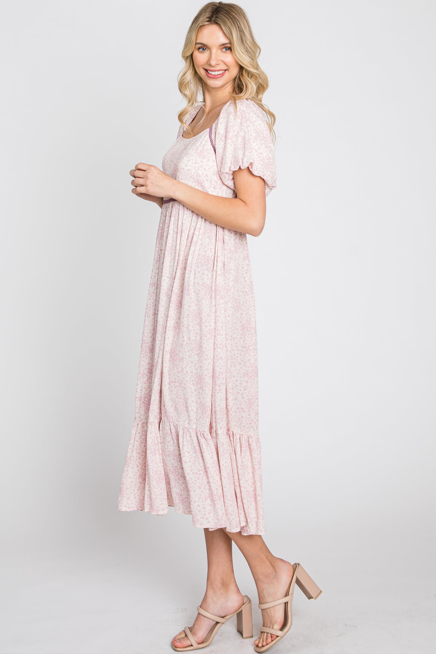 Pink Floral Crochet Accent Midi Dress Small