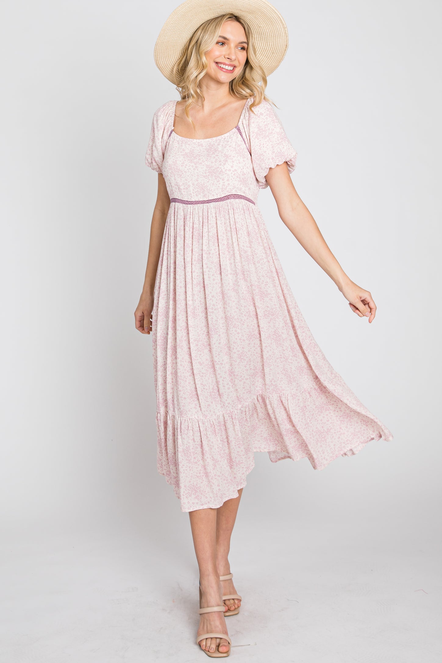 Pink Floral Crochet Accent Midi Dress Small