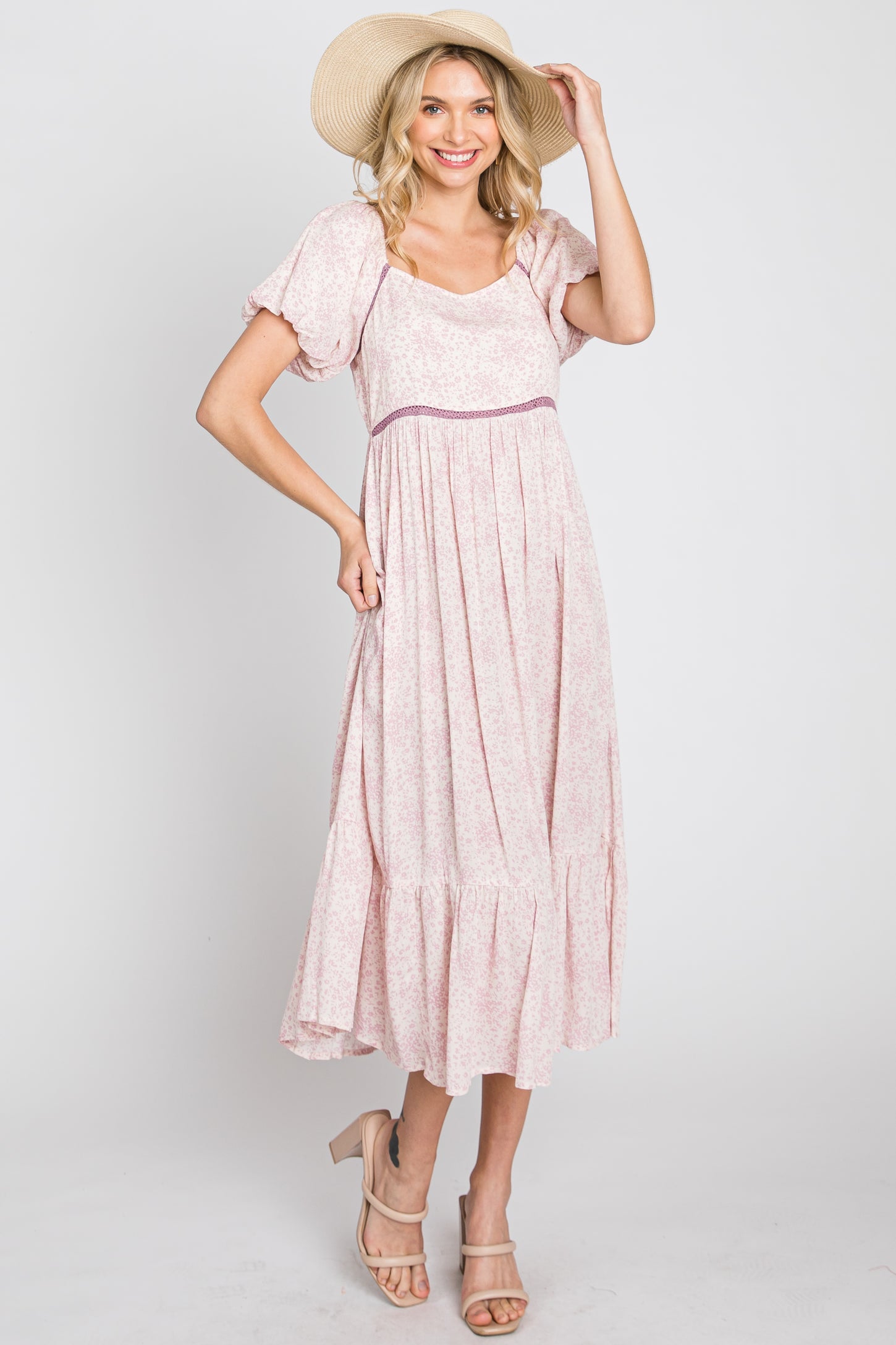 Pink Floral Crochet Accent Midi Dress Small Pink Floral Crochet Accent Midi Dress Small