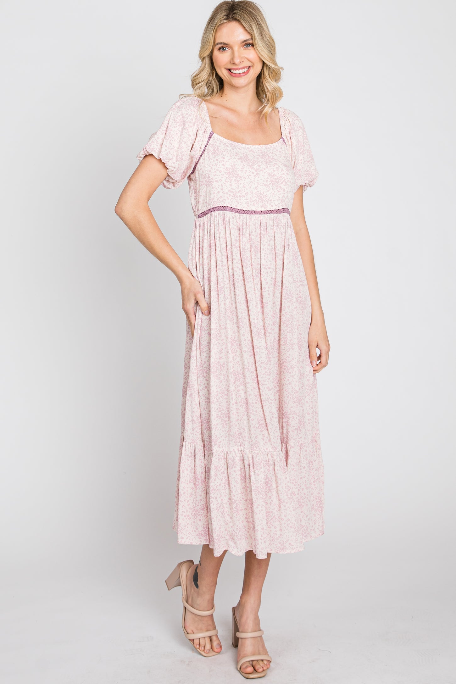 Pink Floral Crochet Accent Midi Dress Small