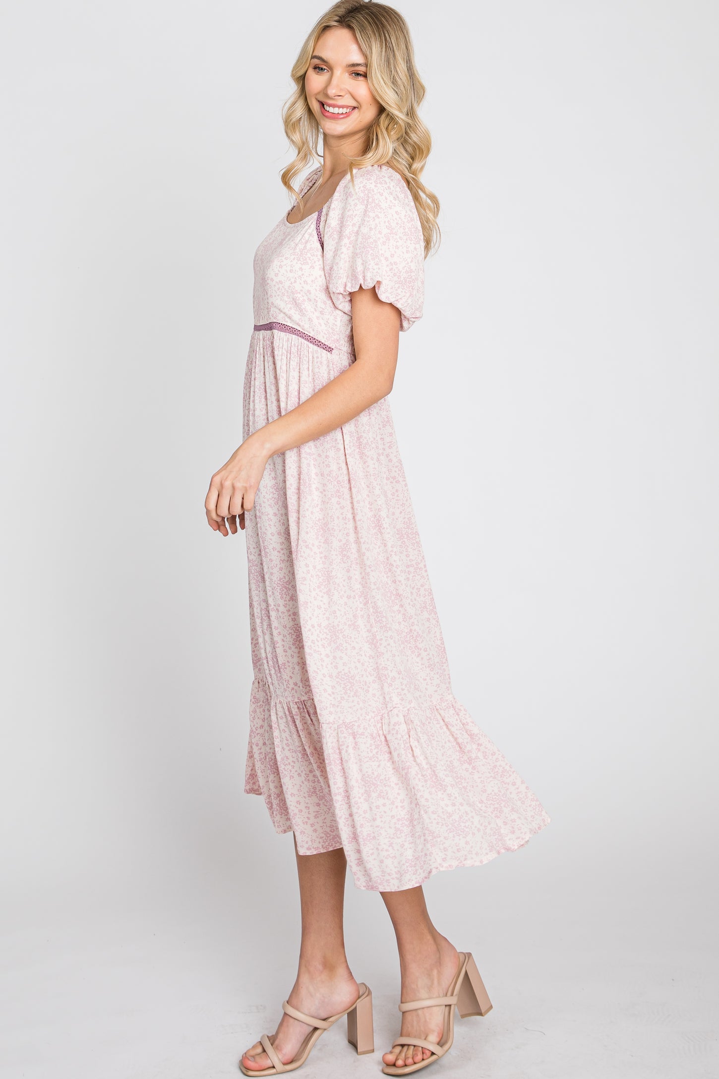 Pink Floral Crochet Accent Midi Dress Small