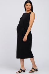 Black Sleeveless Gathered Waist Maternity Midi Dress