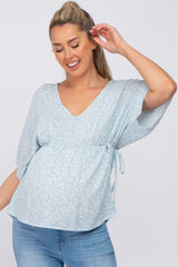 Blue Floral Print Side Tie Maternity Blouse