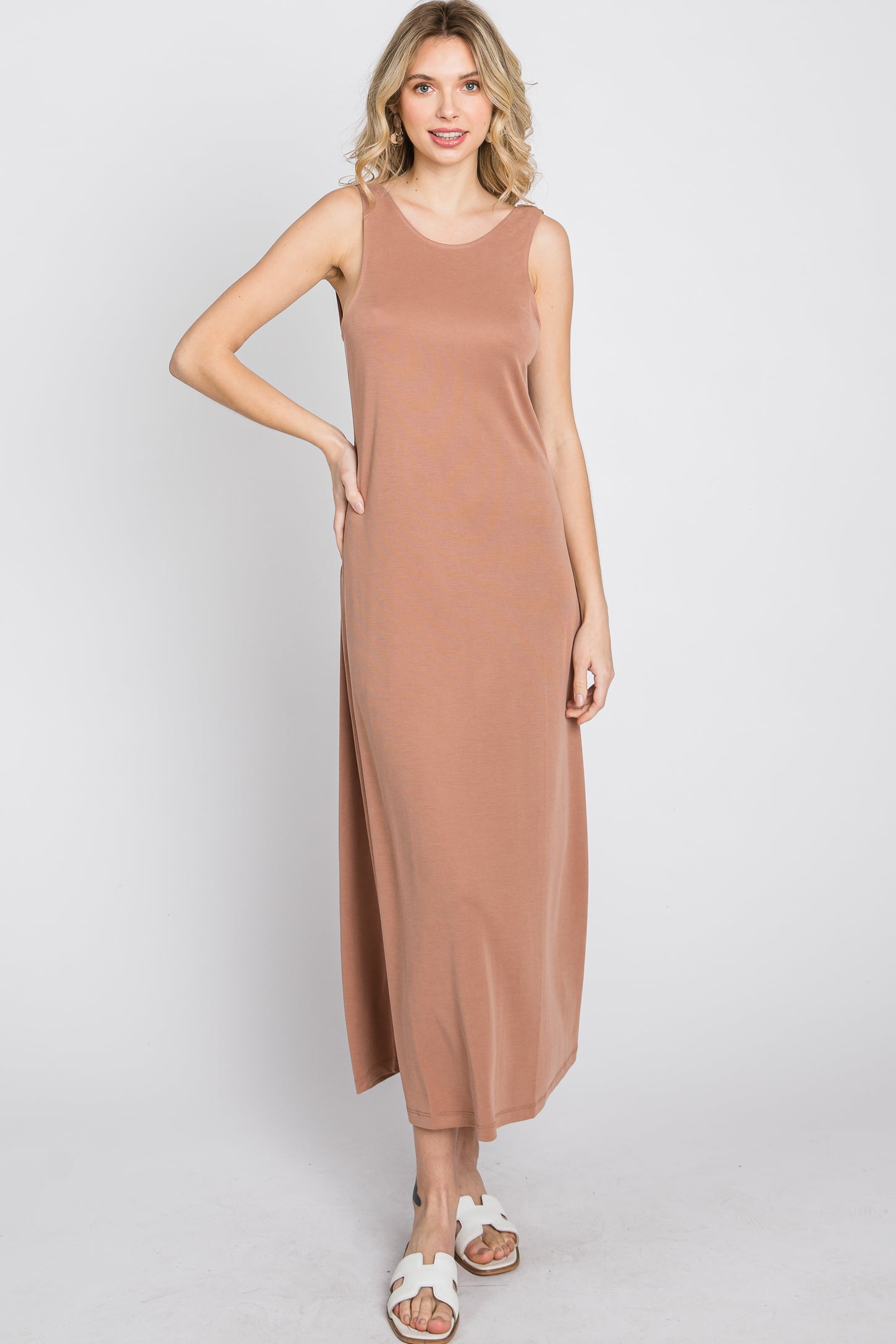 Mocha Low V-Back Sleeveless Midi Dress