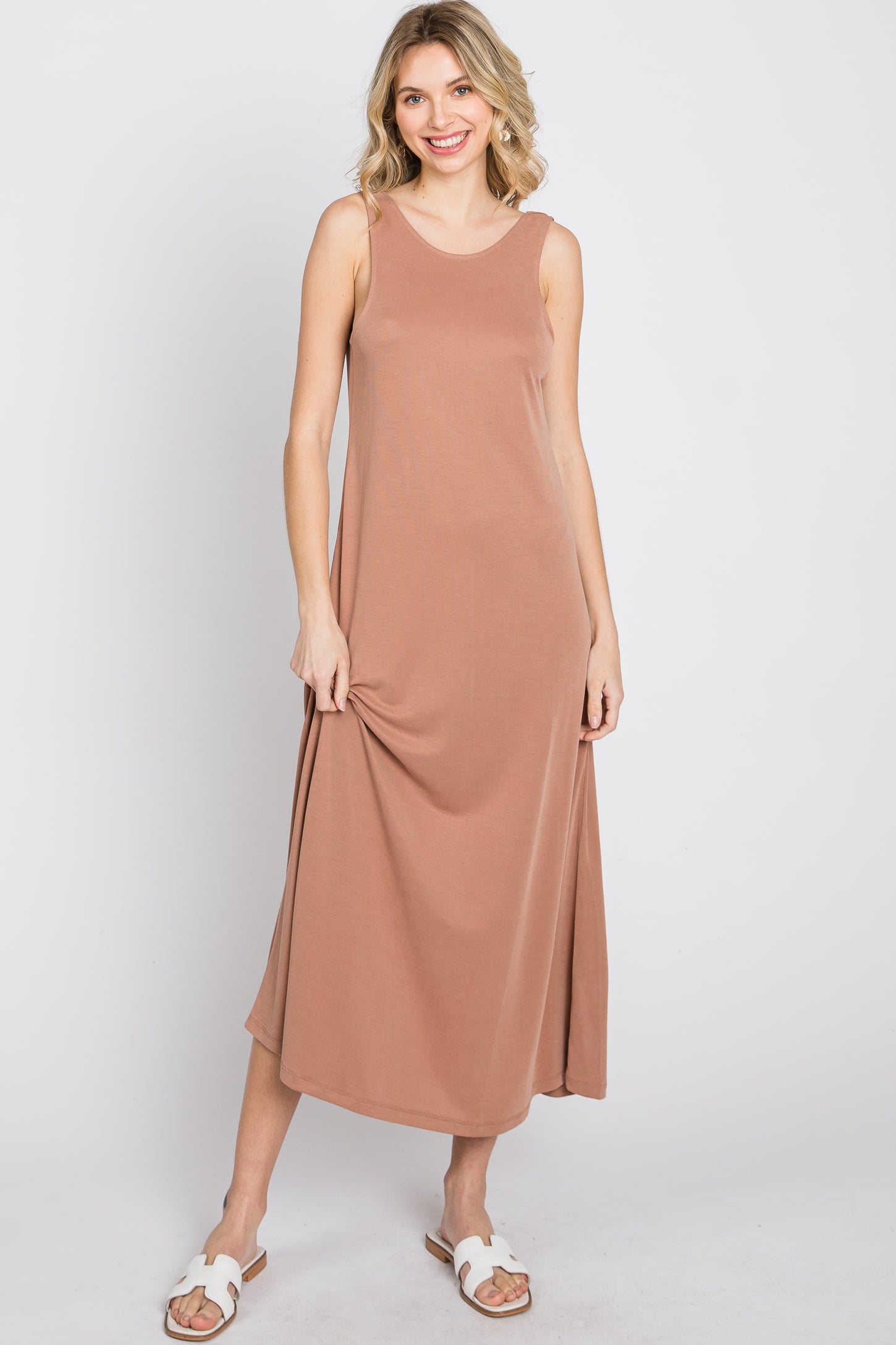 Mocha Low V-Back Sleeveless Midi Dress