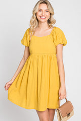 Yellow Textured Puff Sleeve Dress