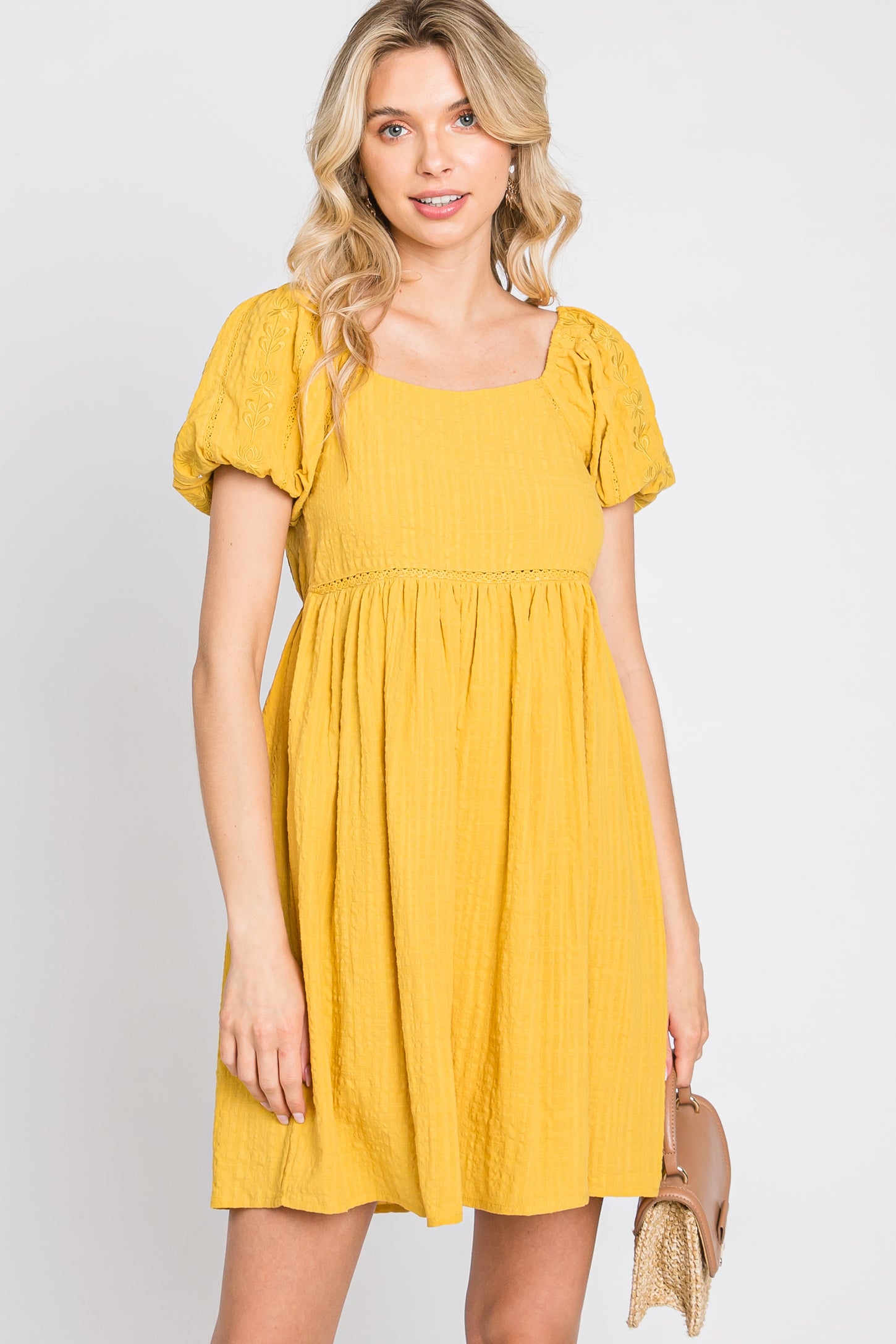 Yellow Textured Puff Sleeve Dress