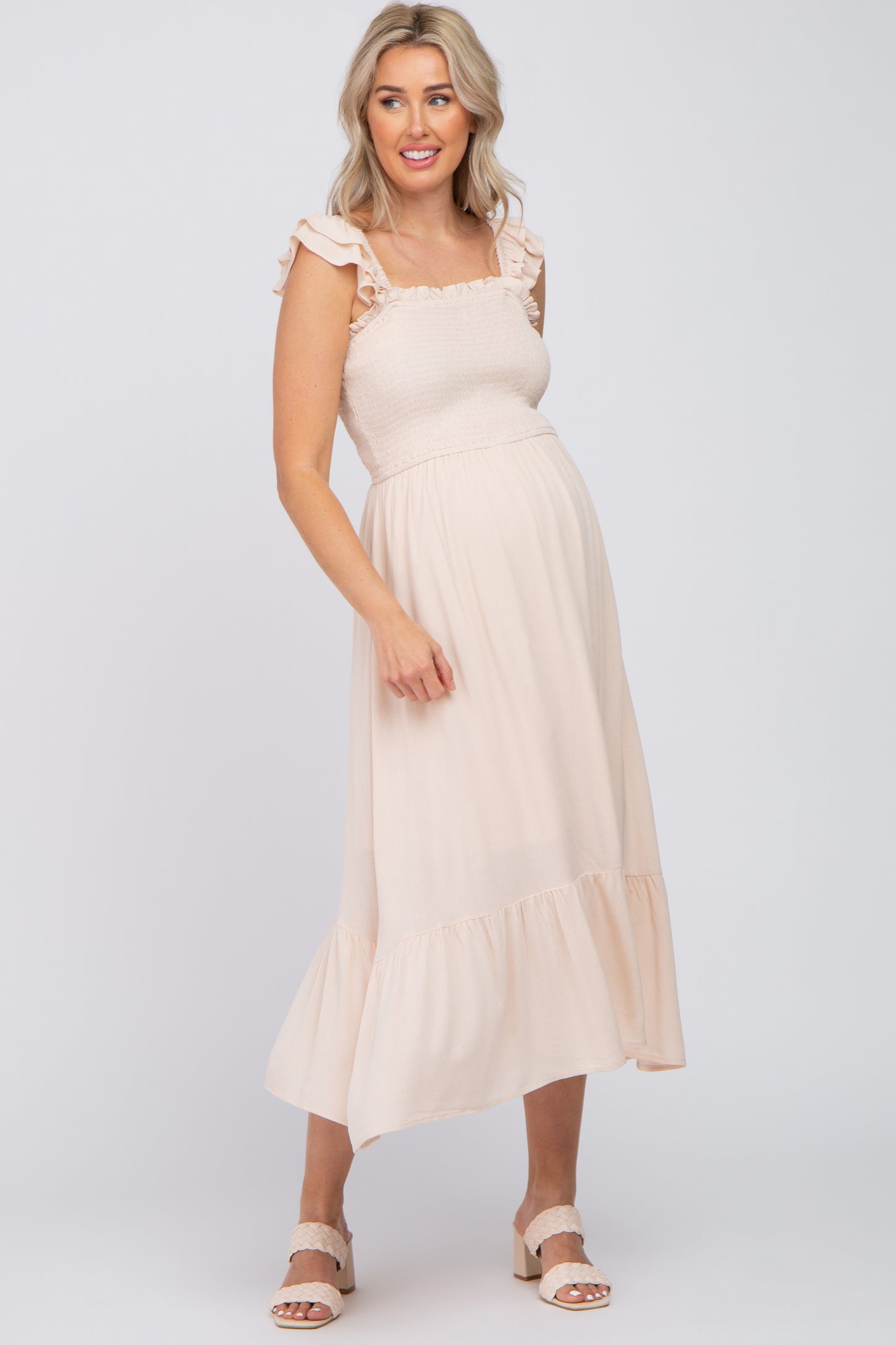 Beige Smocked Ruffle Accent Sleeveless Maternity Midi Dress