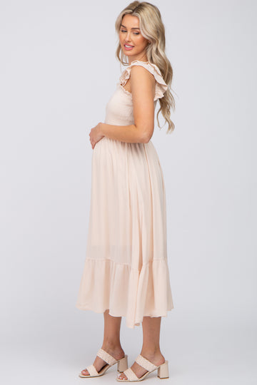 Beige Smocked Ruffle Accent Sleeveless Maternity Midi Dress