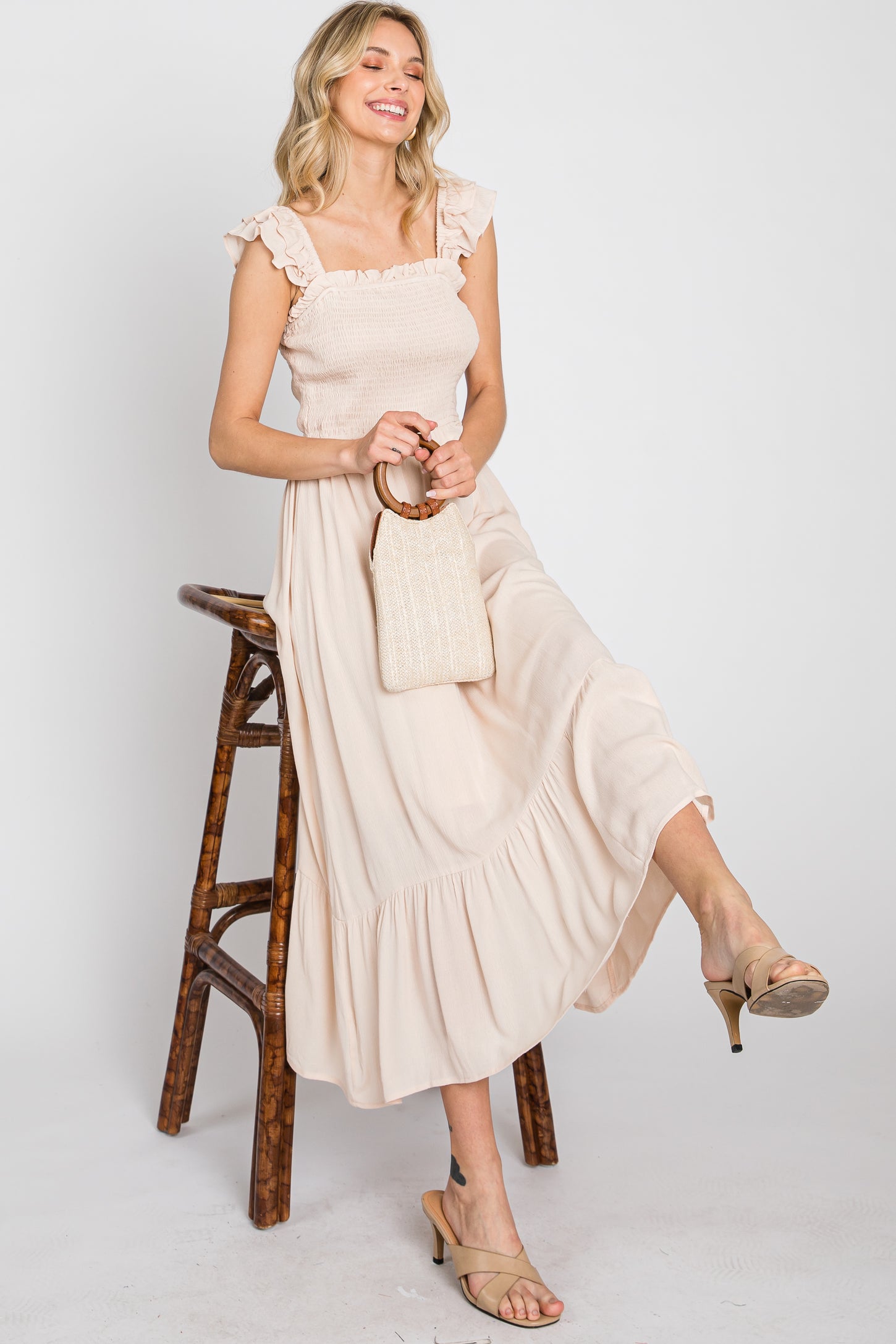 sleeveless smocked ruffle midi dress Sleeveless Smocked-Waist Ruffled Midi Dress